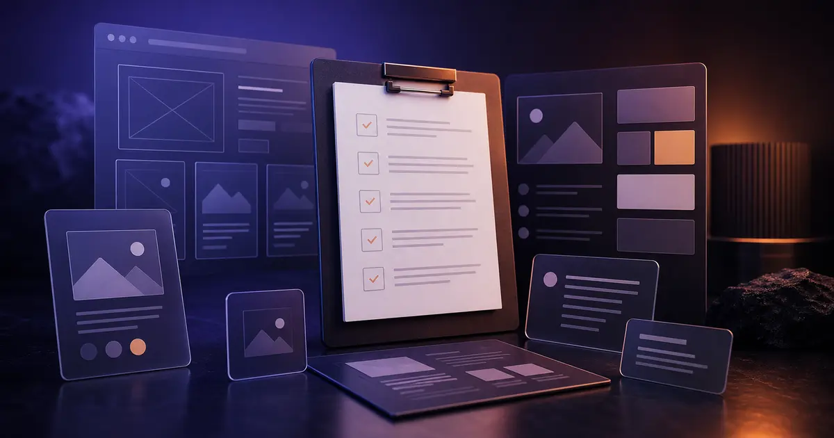 Birou digital cu wireframe-uri, checklist și carduri de conținut pentru pregătirea unui website.