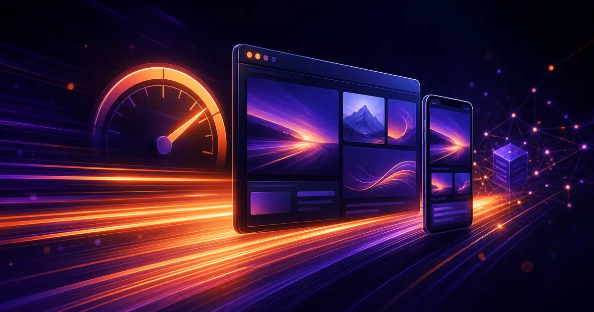 Interfață web rapidă ilustrată prin linii de lumină, carduri digitale și indicatori de performanță.