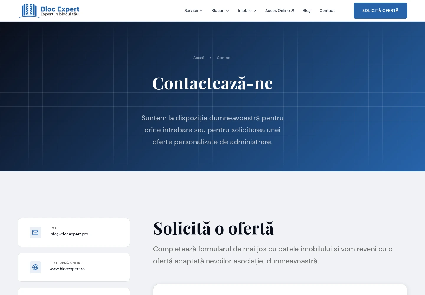 Screenshot cu pagina de contact Bloc Expert.