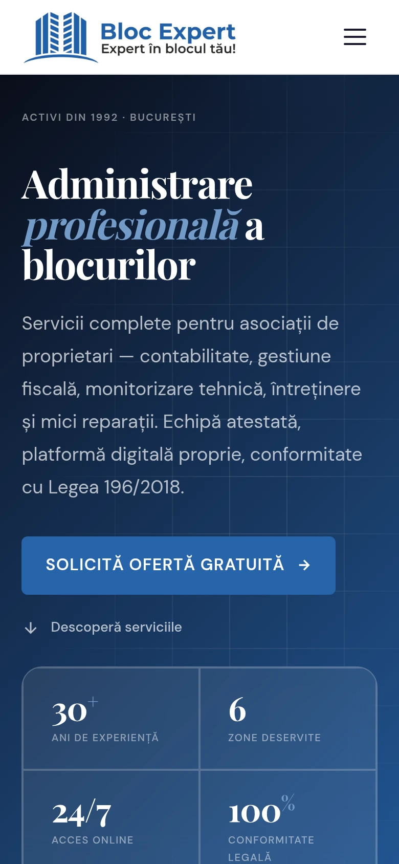 Screenshot mobil al website-ului Bloc Expert.