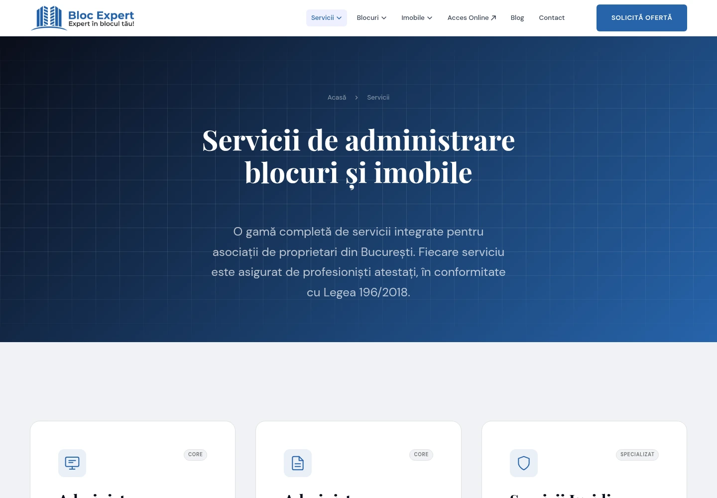 Screenshot cu pagina de servicii Bloc Expert.