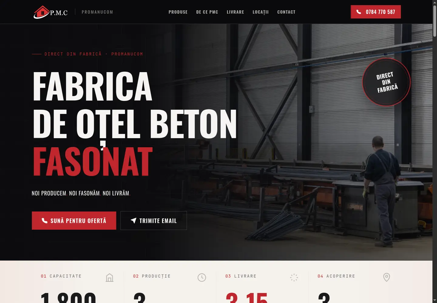 Screenshot desktop al landing page-ului Oțel Beton ProManucom.