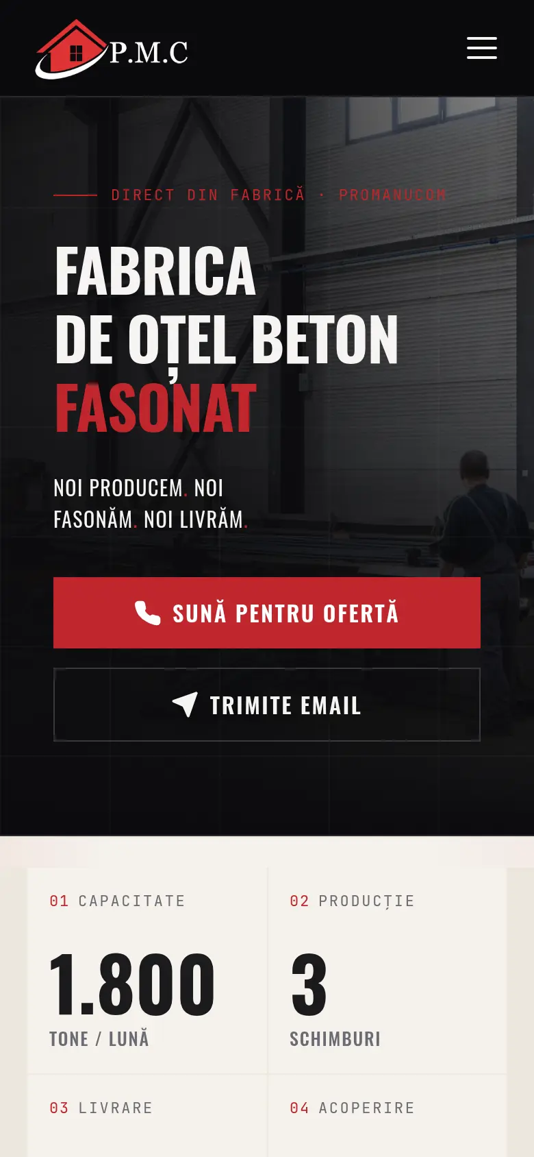 Screenshot mobil al landing page-ului Oțel Beton ProManucom.