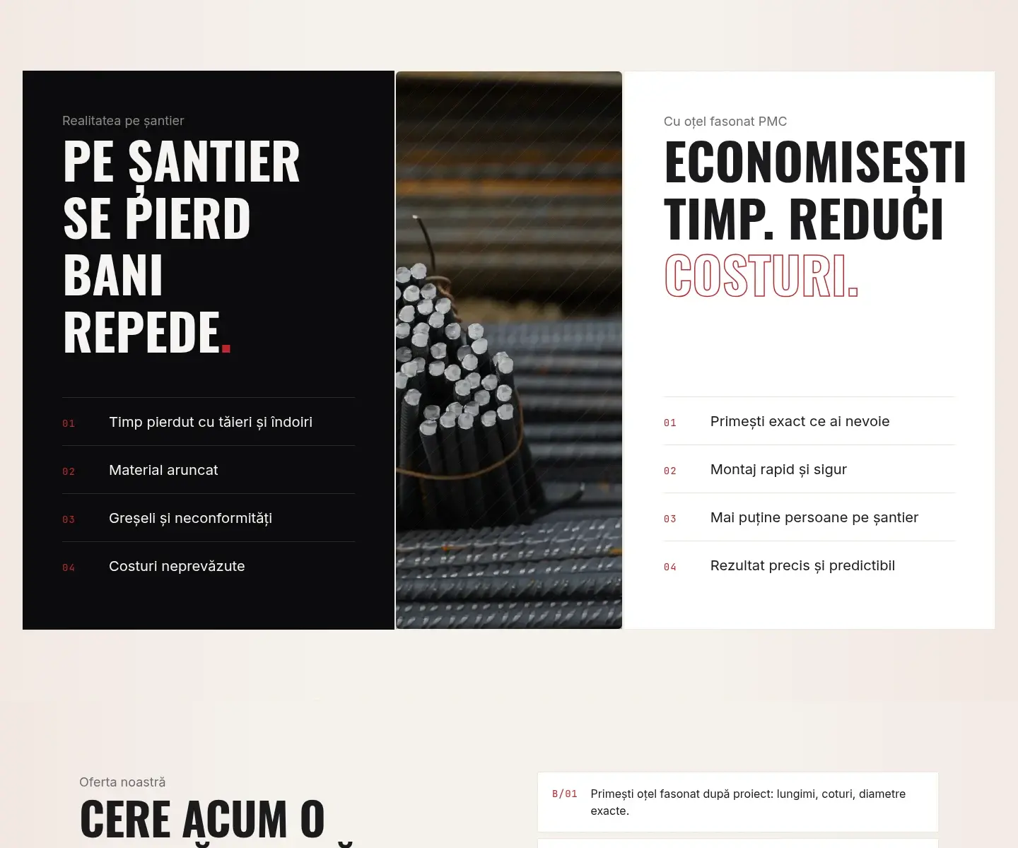Screenshot cu secțiuni din pagina Oțel Beton ProManucom.